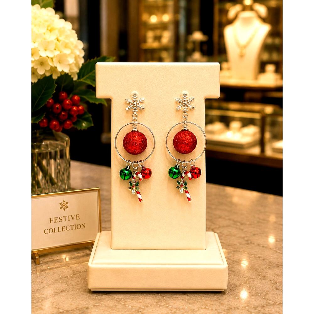 Christmas Bell & Candy Cane Dangle Earrings